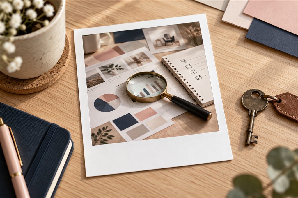 Audit de communication représenté par une photographie Polaroïd, des supports imprimés, des graphiques et une loupe