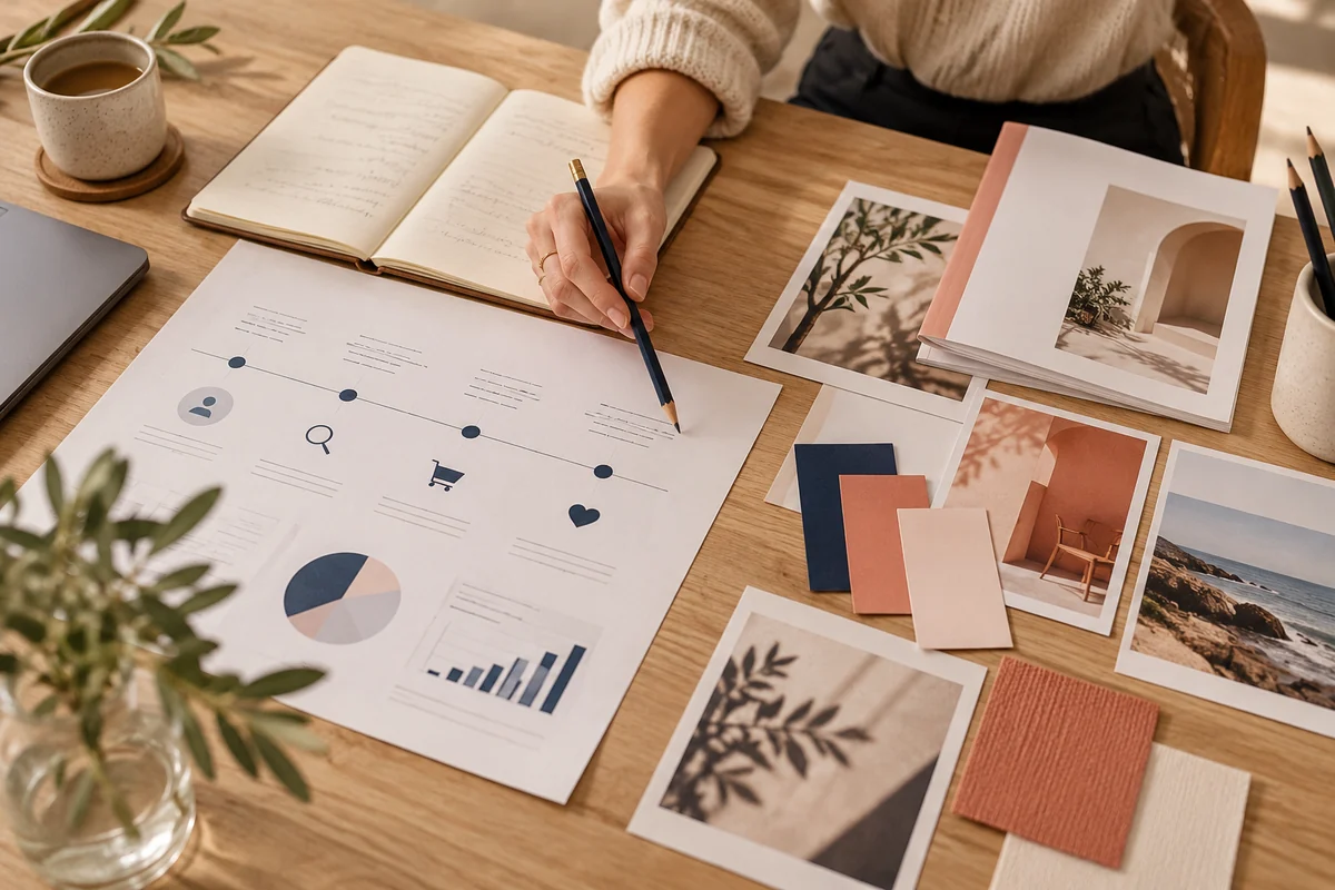 Documents d’analyse marketing et supports de communication réunis sur un bureau