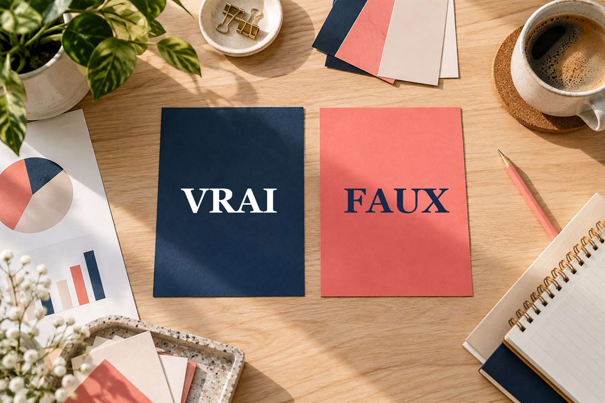 Cartes Vrai et Faux sur un bureau consacré à la stratégie de communication
