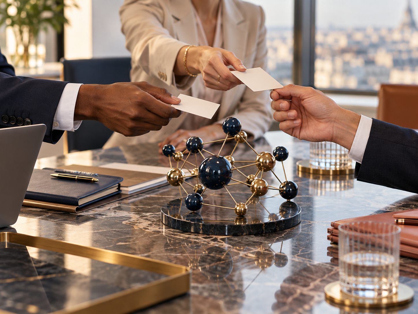 Professionnels échangeant leurs cartes autour d’un réseau de connexions