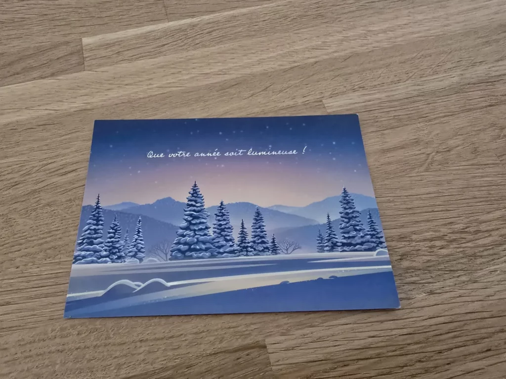 Carte de voeux sur un sublime papier représentant un paysage enneigé réalisé par Sapristi Communication