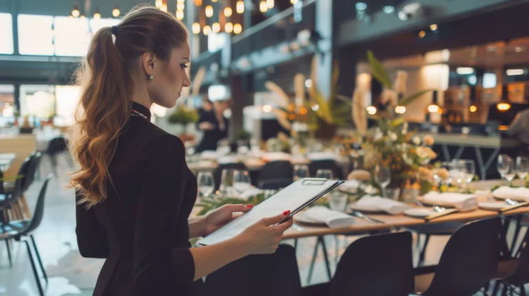 Photo d'une personne dans un restaurant en train de préparer un événement avec un bloc note